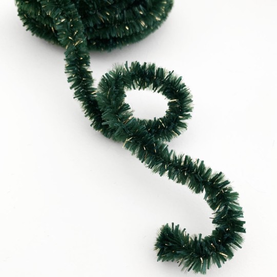 Chenille Bottlebrush Cording in Green + Gold Tinsel ~ 12mm Wired ~ 3 yds.